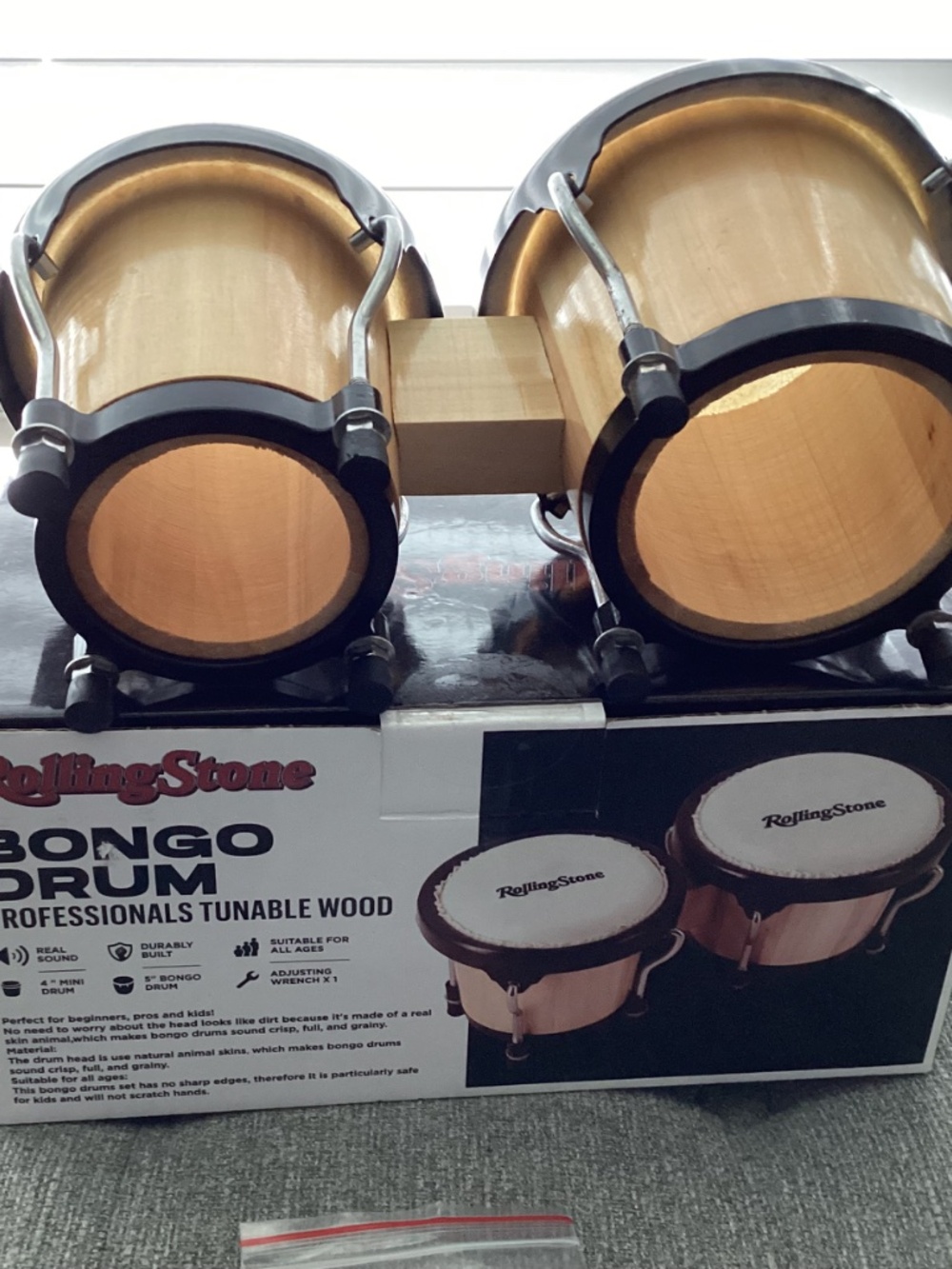 Rolling Stone Beginners Bongo Drum Set Tunable Wood 2 Diff Size Drums W/ Wrench - Picture 8 of 9